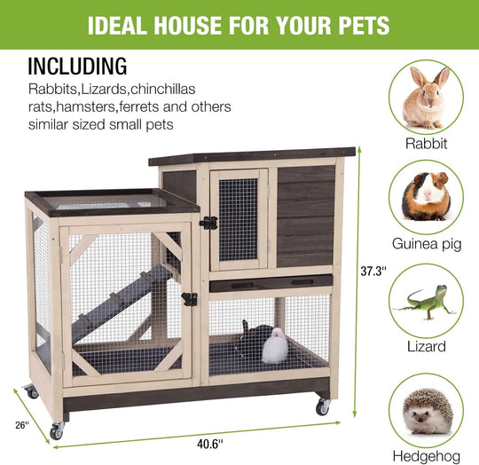 MEDEHOO Rabbit Hutch Indoor Mobile Bunny Cage with Run Wooden 2 Story Guinea Pig Cage Outdoor for Small Animals with Wheels,Two Deeper No Leak Trays(Brown) XZ7001-00J-WM