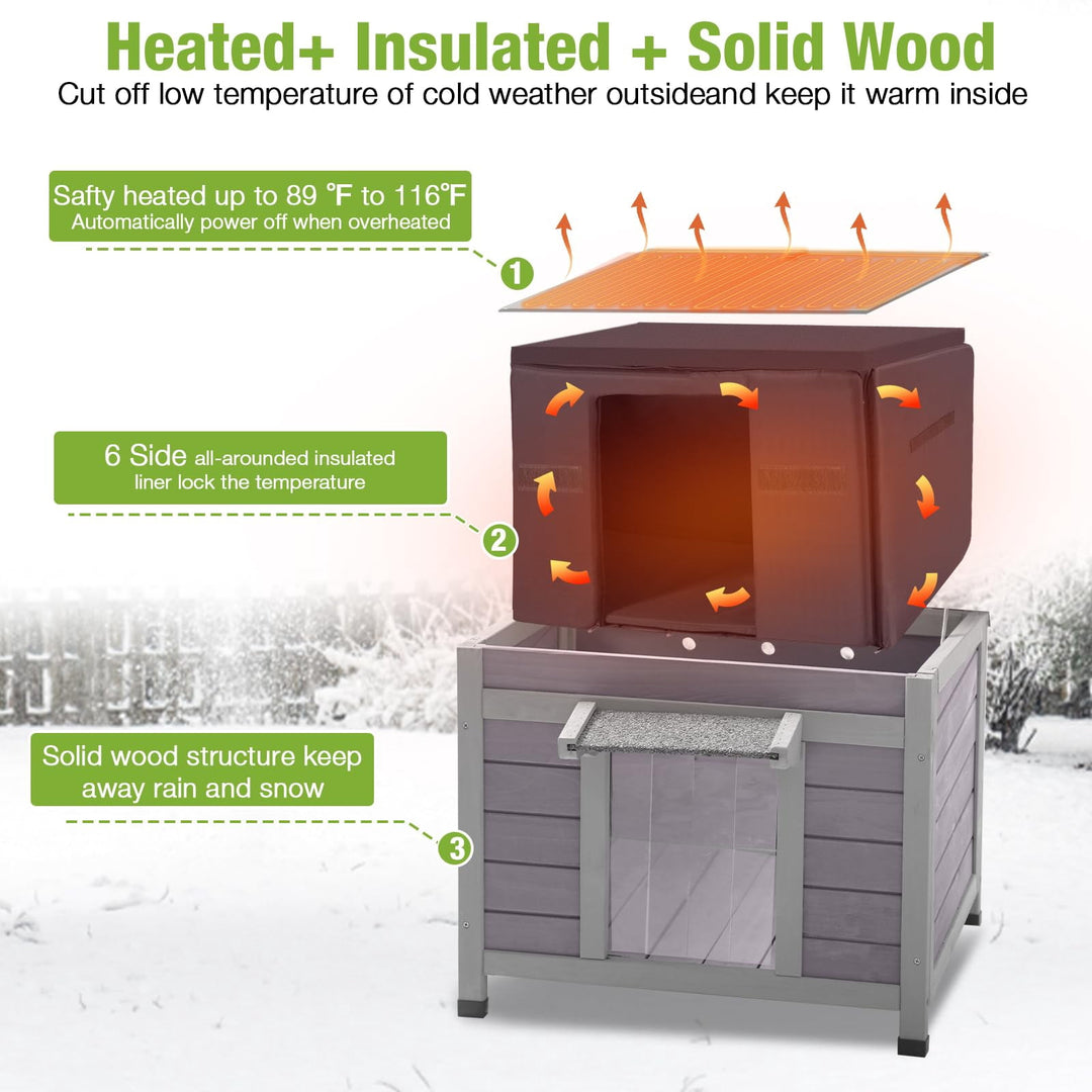 MEDEHOO 23.6" Heated Outdoor Cat House for Winter, Insulated Feral Cat Shelter with Thermostatic Heating Pad and 6-Sided Zippered Liner