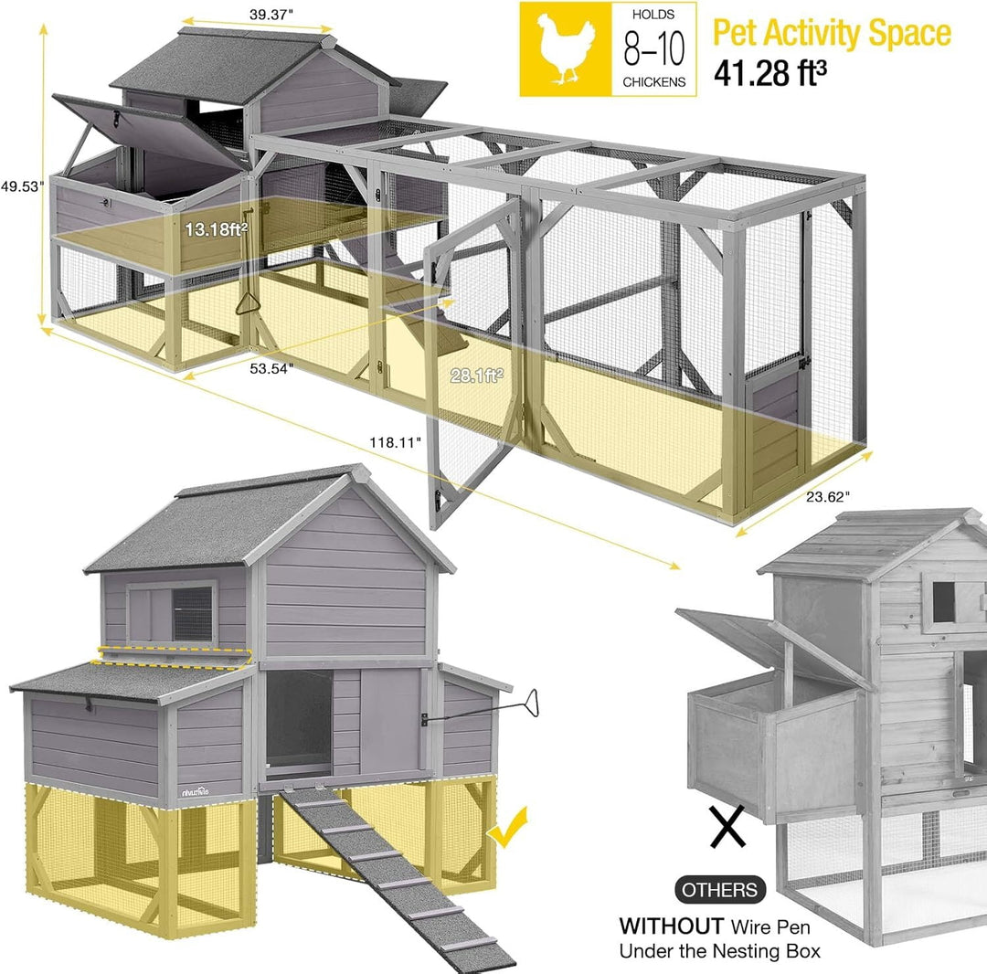 MEDEHOO Extra Large Chicken Coop for 8-10 Chickens, Reinforced Structure Outdoor Wooden Chicken House with 6 Nesting Boxes, Extended Run, Waterproof Roof, Iron Edge, Grey, 118" L x 26" W x 50" H NAIR46-M-WM