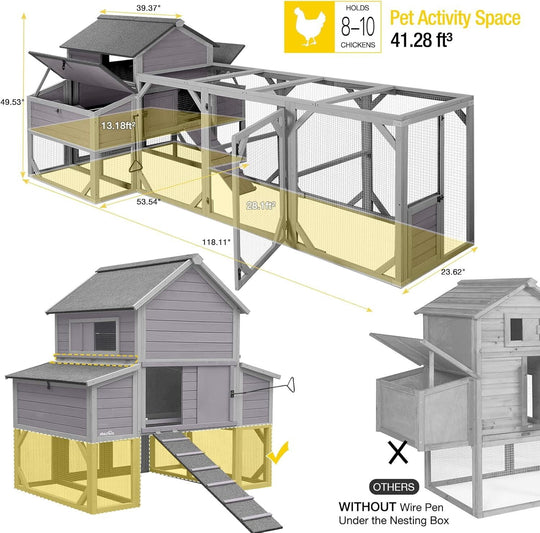 MEDEHOO Extra Large Chicken Coop for 8-10 Chickens, Reinforced Structure Outdoor Wooden Chicken House with 6 Nesting Boxes, Extended Run, Waterproof Roof, Iron Edge, Grey, 118" L x 26" W x 50" H NAIR46-M-WM