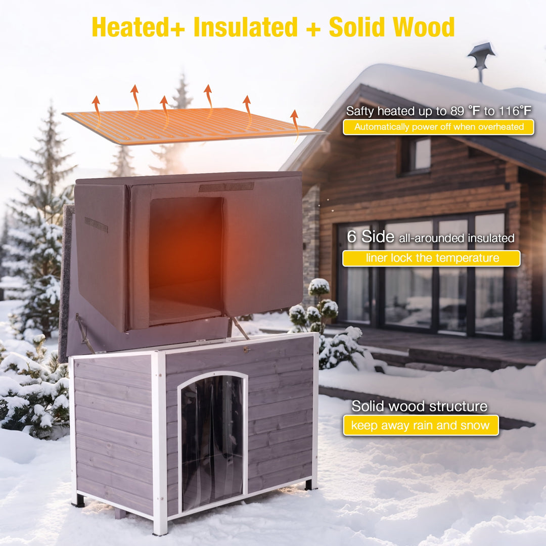 MEDEHOO Extra Large Heated Insulated Dog House for Winter Wooden Outdoor Dog Kennel with All-Around Iron Frame