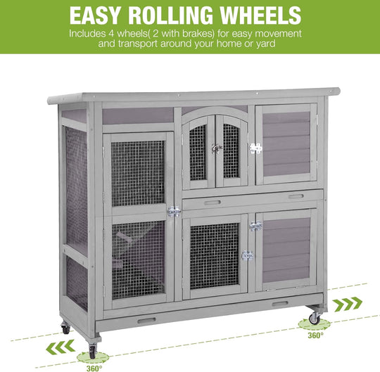 MEDEHOO 47" Rabbit Hutch Indoor Outdoor Bunny Cage on Wheel Bunny House with Tray