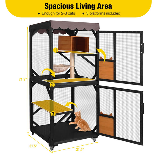MEDEHOO Catio Outdoor Cat Enclosure with Wheels, Resting Box, Cat Scratching Post, Jumping Platform, Outdoor Cat House for Cats, Brown AIR7014-WM