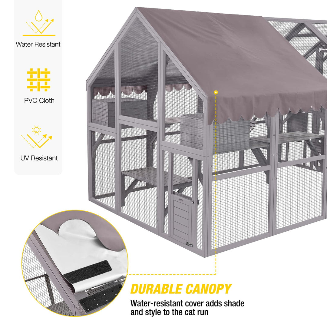 MEDEHOO 110'' Extra Large Catio Outdoor Cat Enclosure, Walk-in Wooden Cat Cage with Bridges, Platforms, Rest Rooms, Roof Cover AIR52-WM