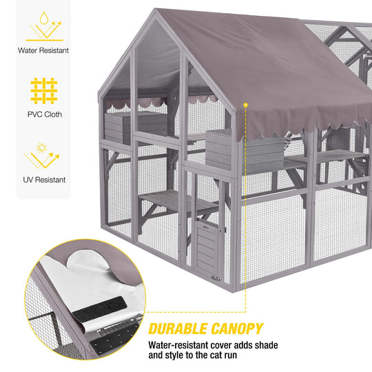 MEDEHOO 110'' Extra Large Catio Outdoor Cat Enclosure, Walk-in Wooden Cat Cage with Bridges, Platforms, Rest Rooms, Roof Cover AIR52-WM