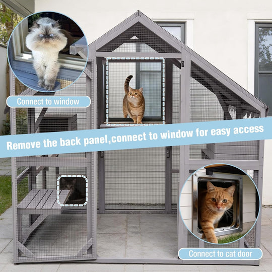 MEDEHOO Large Catio Outdoor Cat Enclosure, 71’’ Walk-in Cat House with Waterproof Cover, Platforms and Resting Boxes Window Cat Patio for 6-10 Cats