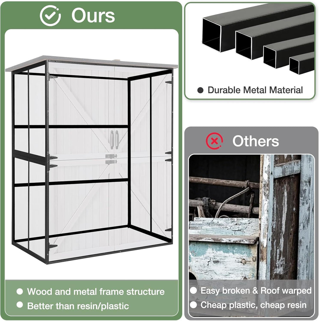 MEDEHOO Outdoor Storage Shed with Floor, Waterproof Storage Cabinet with Metal Frame, Adjustable Shelves, Garden Shed for Backyard Patio Lawn White AIR99-W-A-WM