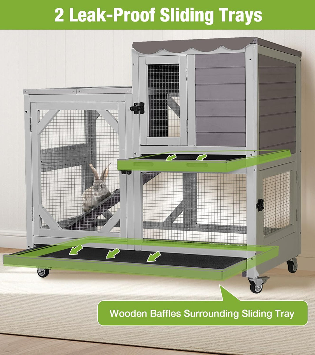 MEDEHOO Duplex Rabbit Hutch Indoor with Chew-Proof Frame &amp; 2 Leak-Proof Sliding Trays, Rain Cover, Wooden Guinea Pig Cages with Wheels - Grey AIR7013-G-2-AD-WM