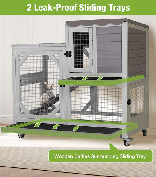 MEDEHOO Duplex Rabbit Hutch Indoor with Chew-Proof Frame &amp; 2 Leak-Proof Sliding Trays, Rain Cover, Wooden Guinea Pig Cages with Wheels - Grey AIR7013-G-2-AD-WM