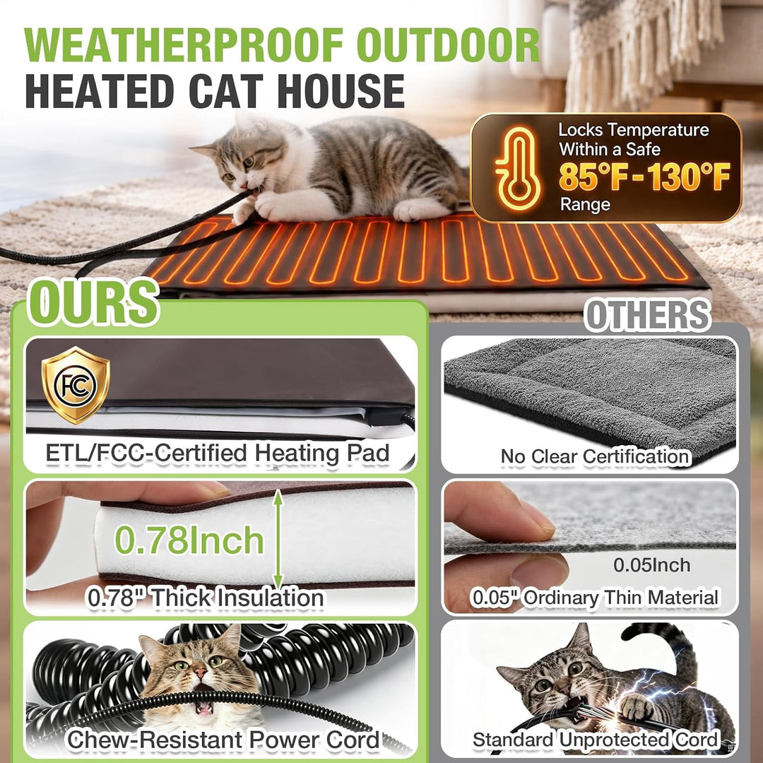 MEDEHOO Heated Cat House Outdoor Cat House Insulated Large Weatherproof Feral Cat Shelter with Heated Pad, Insulated All-Round Thermal Liner, Chewproof Cable for 1-4 Cats AIR93-WBR-HP-MA-WM