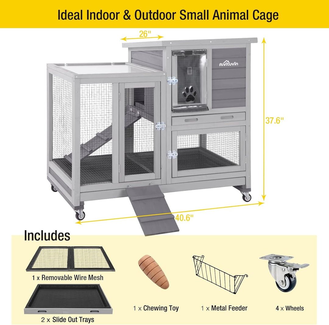 MEDEHOO Wooden Bunny Hutch Indoor&amp; Outdoor Rabbit Hutch Guinea Pig Cage for Small Animals with Trays (Grey)