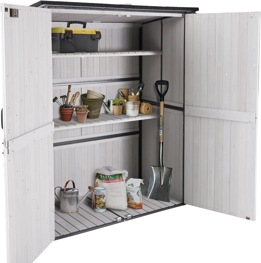 MEDEHOO Outdoor Storage Shed with Metal Frame,Wooden Tool Cabinet with Adjustable Shelfs, House Garden Shed for Backyard Garden Patio Lawn