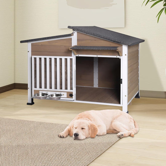 MEDEHOO Dog House for Outdoor Use with Matel Frame, Waterproof Design -All-Weather Wooden Kennel with Sliding Window &amp; Metal Frame Brown AIR7021-B-G11-WM