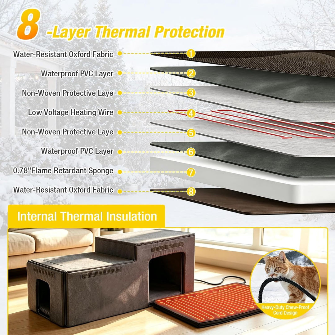 MEDEHOO 39.1" Large Heated Outdoor Cat House for 1-4 Cats, Insulated Wooden Feral Cat Shelter with Heating Pad and Escape Doors
