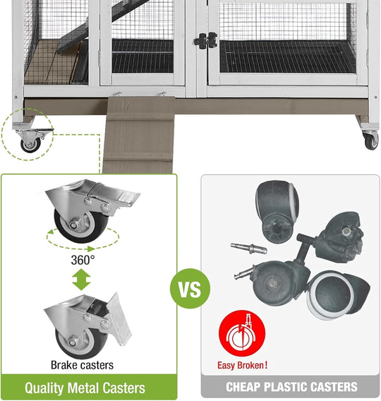 MEDEHOO Rabbit Hutch Rabbit Cage Pet Bunny House Cage with Casters Urine Baffles,4 Metal Wheels,2 Deeper Trays(Mocca Color) AIR36-00J