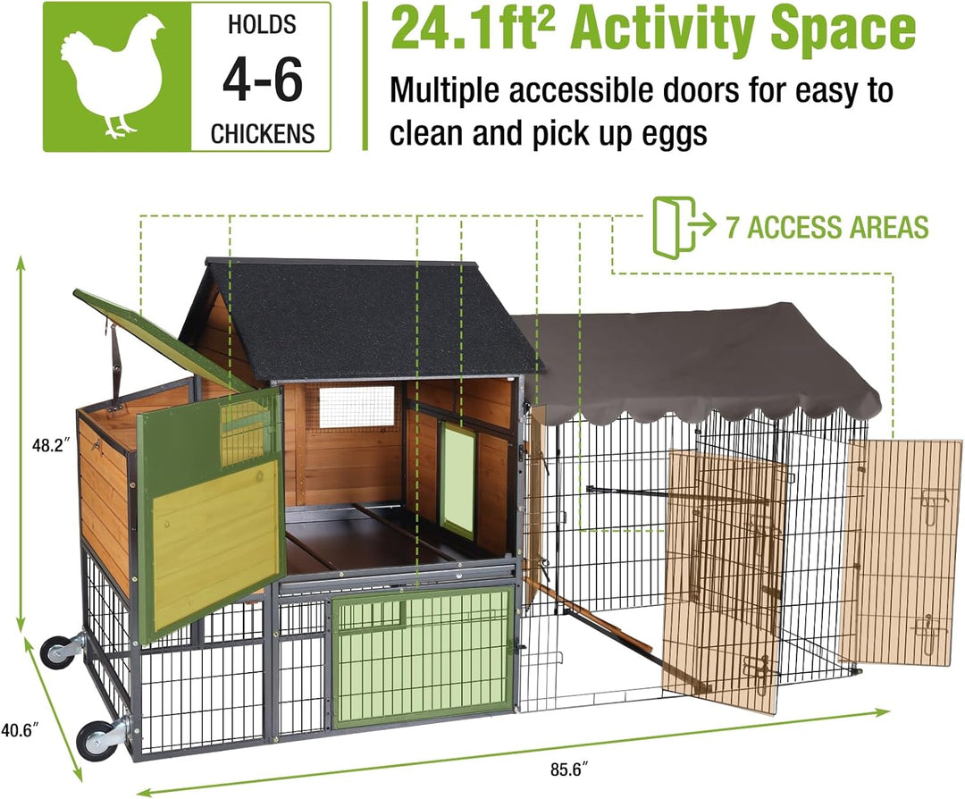 MEDEHOO Mobile Chicken Coop Upgraded with All Arounded Metal Frame Expandable Hen House with Super Large Wheels for 4–6 Chickens, 3 Nesting Boxes, Metal Run, 85" L AIR7006-N-1-WM