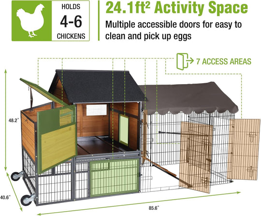 MEDEHOO Mobile Chicken Coop Upgraded with All Arounded Metal Frame Expandable Hen House with Super Large Wheels for 4–6 Chickens, 3 Nesting Boxes, Metal Run, 85" L AIR7006-N-1-WM