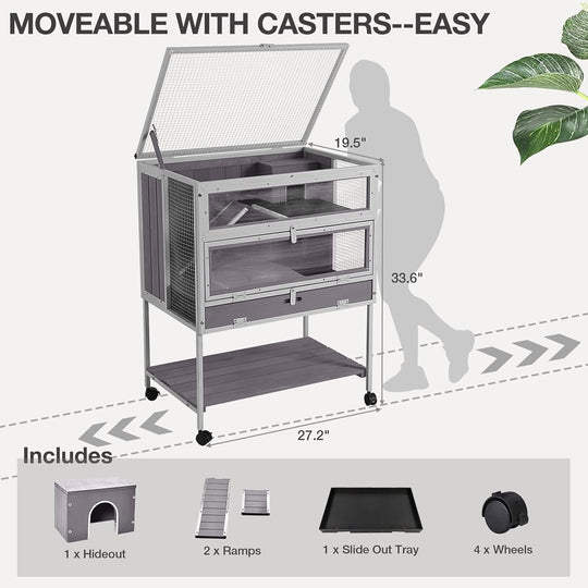 MEDEHOO Guinea Pig Cage, Moveable Metal Frame Hamster Cage Anti-Chewing with Aluminium Alloy Edge, Hideouts, Ramps, Seesaws Chewing Toy, Deeper Pull-Out Leakproof Tray for Indoor Outdoor（White） AIR25-X-L-WM