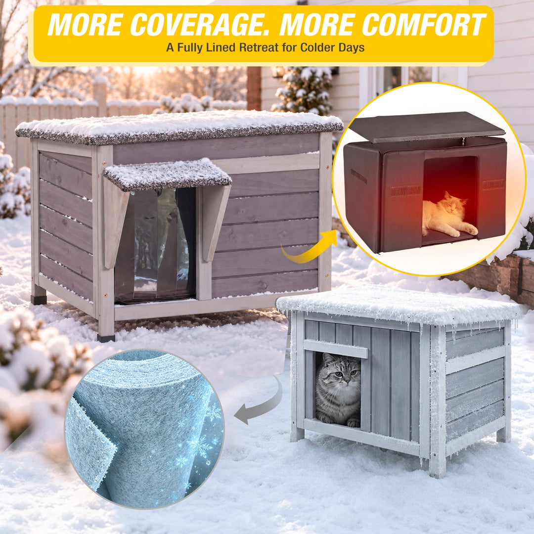 MEDEHOO Insulated Outdoor Cat House with 6-Sided Liner and Raised Floor, Wooden Winter Shelter