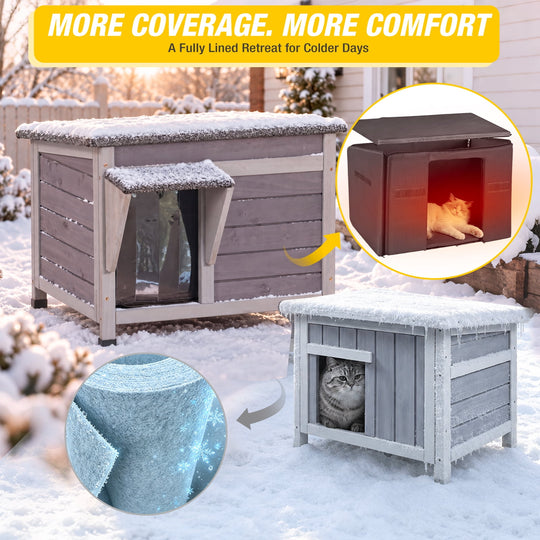 MEDEHOO Insulated Outdoor Cat House with 6-Sided Liner and Raised Floor, Wooden Winter Shelter