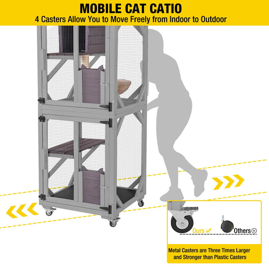 MEDEHOO Outdoor Cat Catio with Wheels, 62.8" Tall 3-Tier Wooden Cat Enclosure with 3 Platforms, Resting Box and Waterproof Fabric Roof AIR22-M-WM