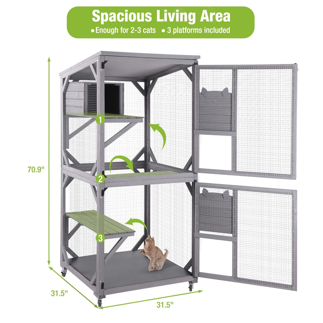 MEDEHOO 70.9" Catio Outdoor Cat House Cat Enclosure on Wheels, Large Wooden Cat Cage with Resting Box &amp; Asphalt Roof AIR22-G-WM