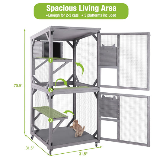MEDEHOO 70.9" Catio Outdoor Cat House Cat Enclosure on Wheels, Large Wooden Cat Cage with Resting Box &amp; Asphalt Roof AIR22-G-WM