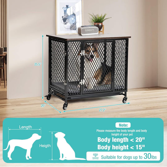 MEDEHOO Indoor Dog Crate Furniture, Movable Dog Kennel Side End Table with Wheels for Small Medium Large Dogs with Cushion, Tray, Wire, Rustic Brown(M) AIR78-A11-WM