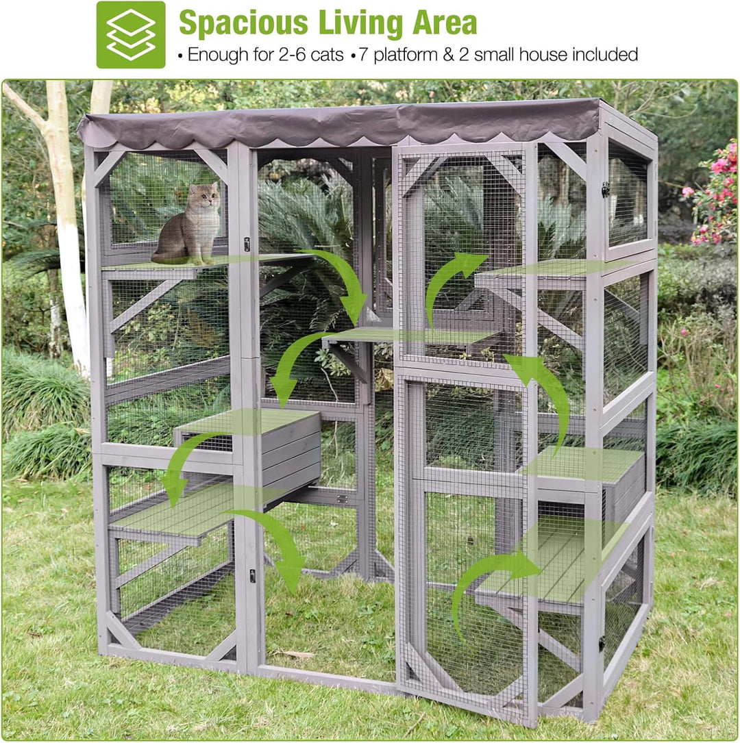 MEDEHOO Catio Outdoor Cat Enclosure Large Walk in Window Cat House for Mulitiple Cats with 7 Platforms and 2 Resting Box,Tarp Roof,71 inch