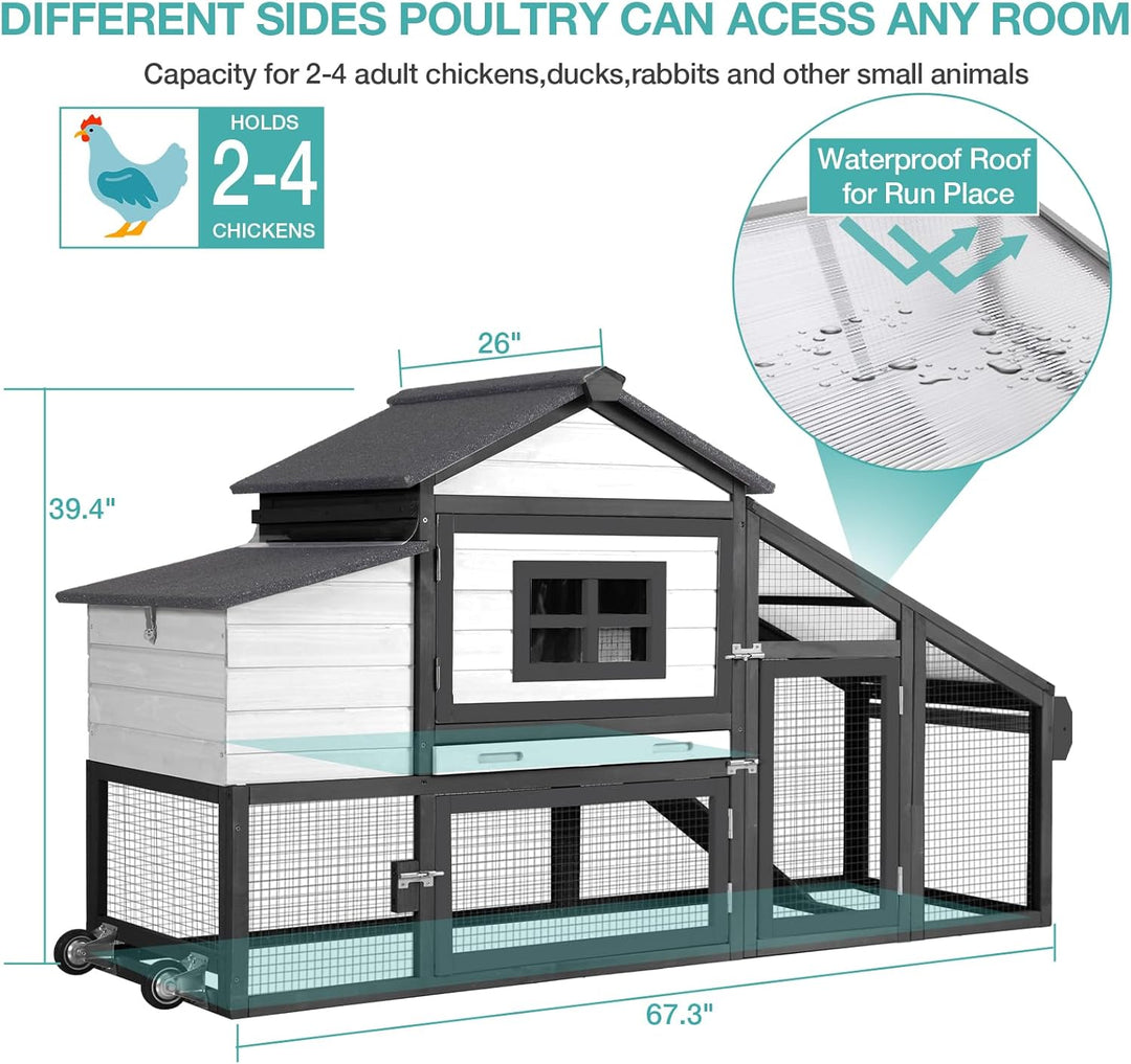MEDEHOO Chicken Coop, Mobile Chicken House with with Wheels, Outdoor Hen House Poultry Cage with Nesting Box, Leakproof Pull Out Tray and UV-Resistant Roof,Rabbit Hutch Duck Coop (Black) AIR23-BL-A11-WM