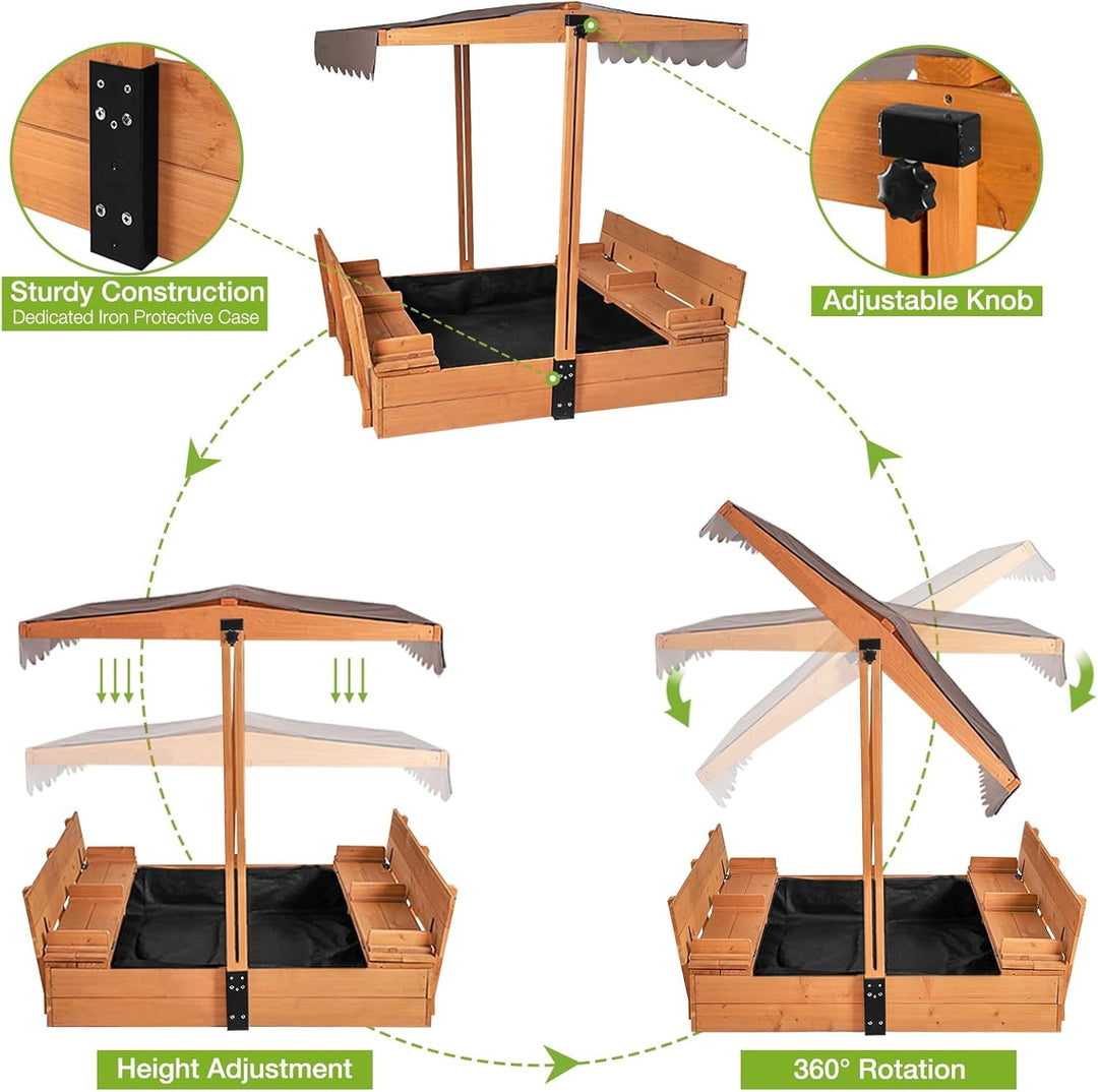 Sandbox with Lid and Cover for Kids Outdoor with 2 Foldable Bench Seats, Adjustable Canopy and Sand Protection Liner, 47.2" L x 47.2" W x 51.9" H GUT05-N