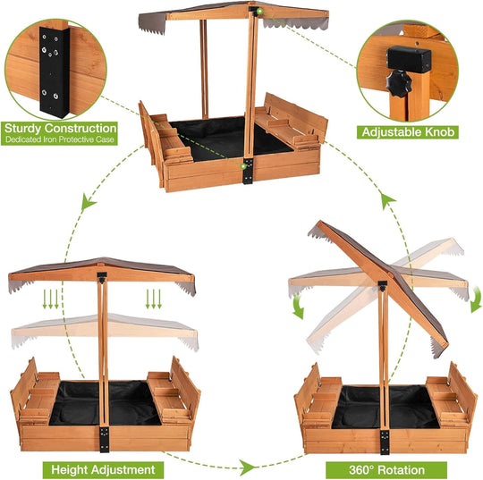 Sandbox with Lid and Cover for Kids Outdoor with 2 Foldable Bench Seats, Adjustable Canopy and Sand Protection Liner, 47.2" L x 47.2" W x 51.9" H GUT05-N