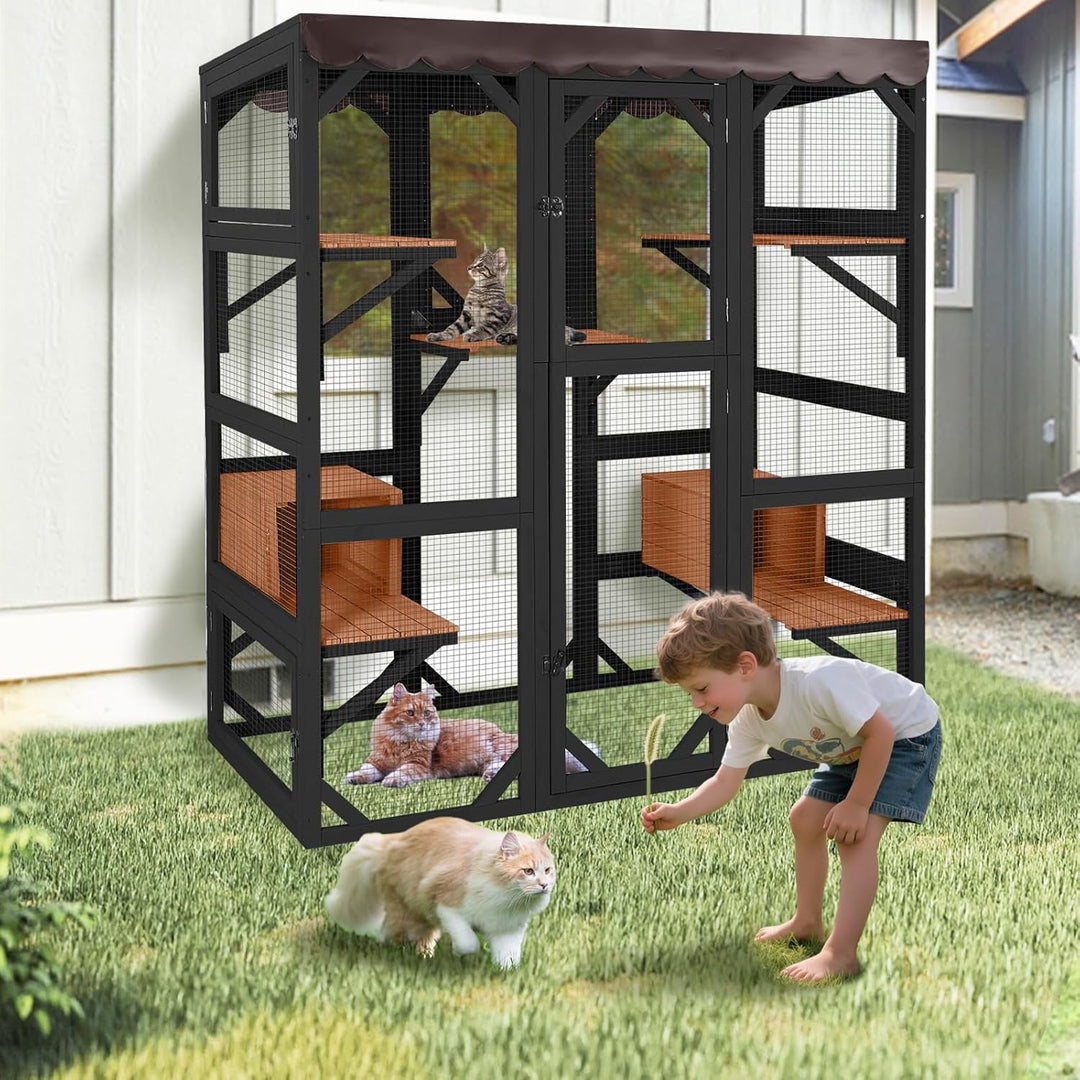MEDEHOO Catio Outdoor Cat Enclosure Large Wooden Cat Cage Condo Playpen for Multiple Cats Waterproof Cover for Indoor Outdoor (Black)