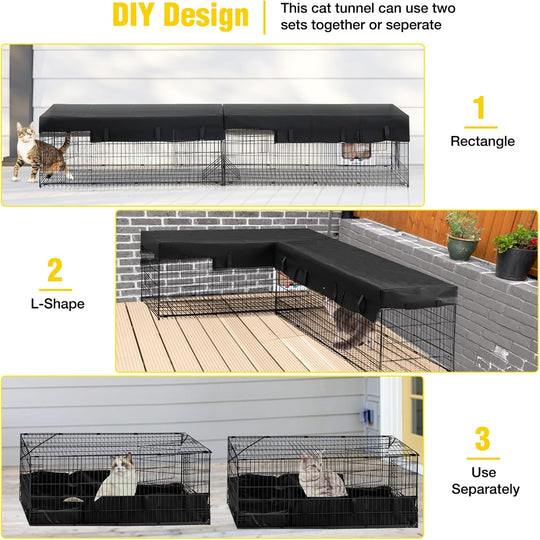 MEDEHOO Cat Tunnel with Extendable Design 90.6" L, Metal Wire Outdoor Cat Enclosure with Weatherproof Fabric Cover, Connecting Inside and Outside, for Deck Patios, Balconies