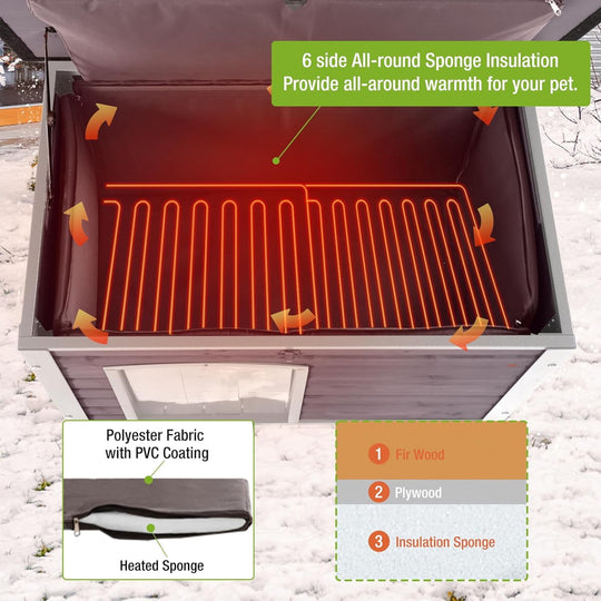 Extra Large Heated Insulated Dog House Outdoor Weatherproof XL Dog Kennel with Thermostat-Controlled Heating Pad, Thermal Liner, Chew-Proof Metal Frame for Large Dogs (Grey) AIR43-M-HP-J