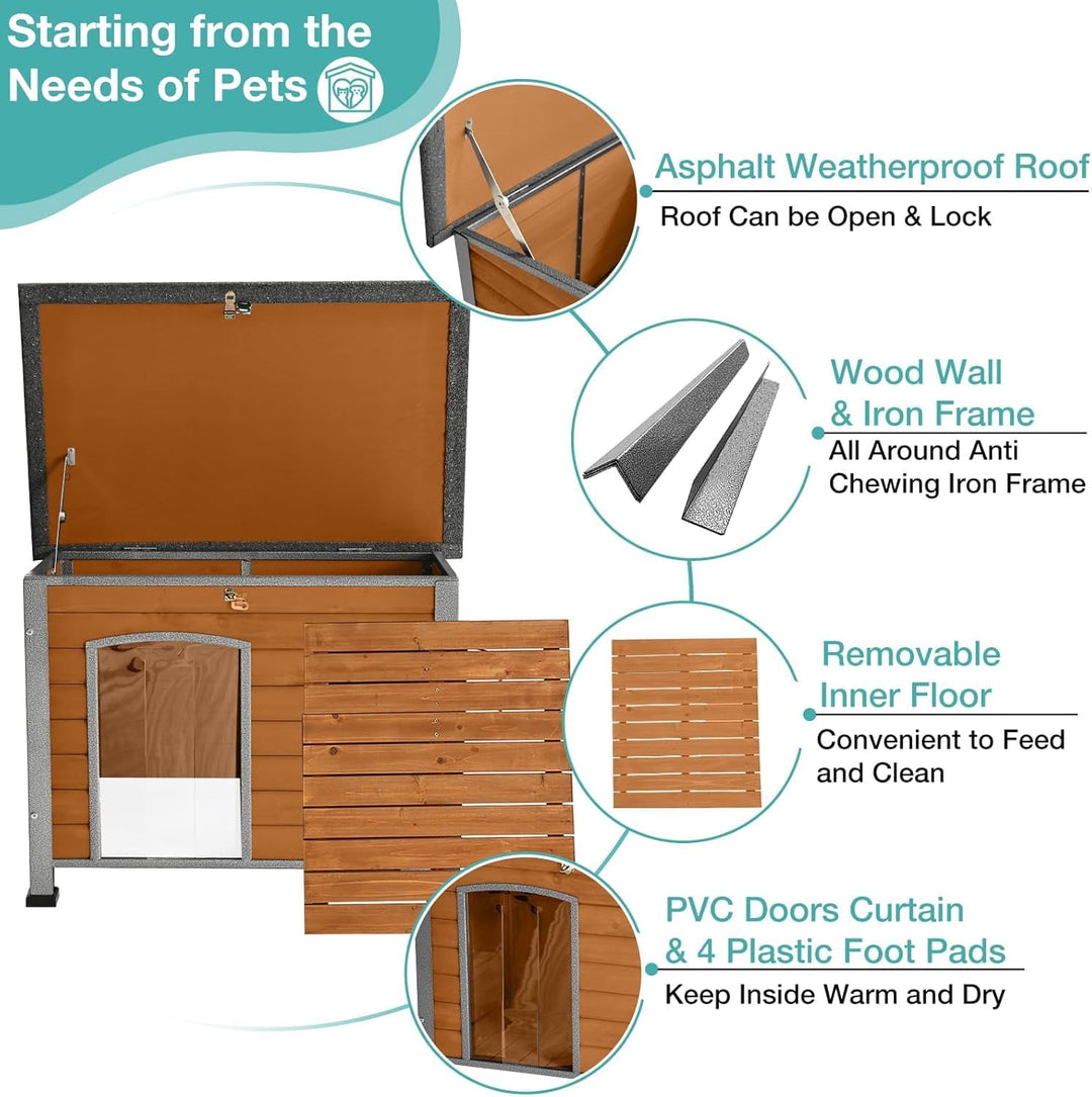 MEDEHOO Heated Outdoor Dog House with Heating Pad &amp; Insulated Liner, Winter Weatherproof Anti-Chewing Dog Kennel, Iron