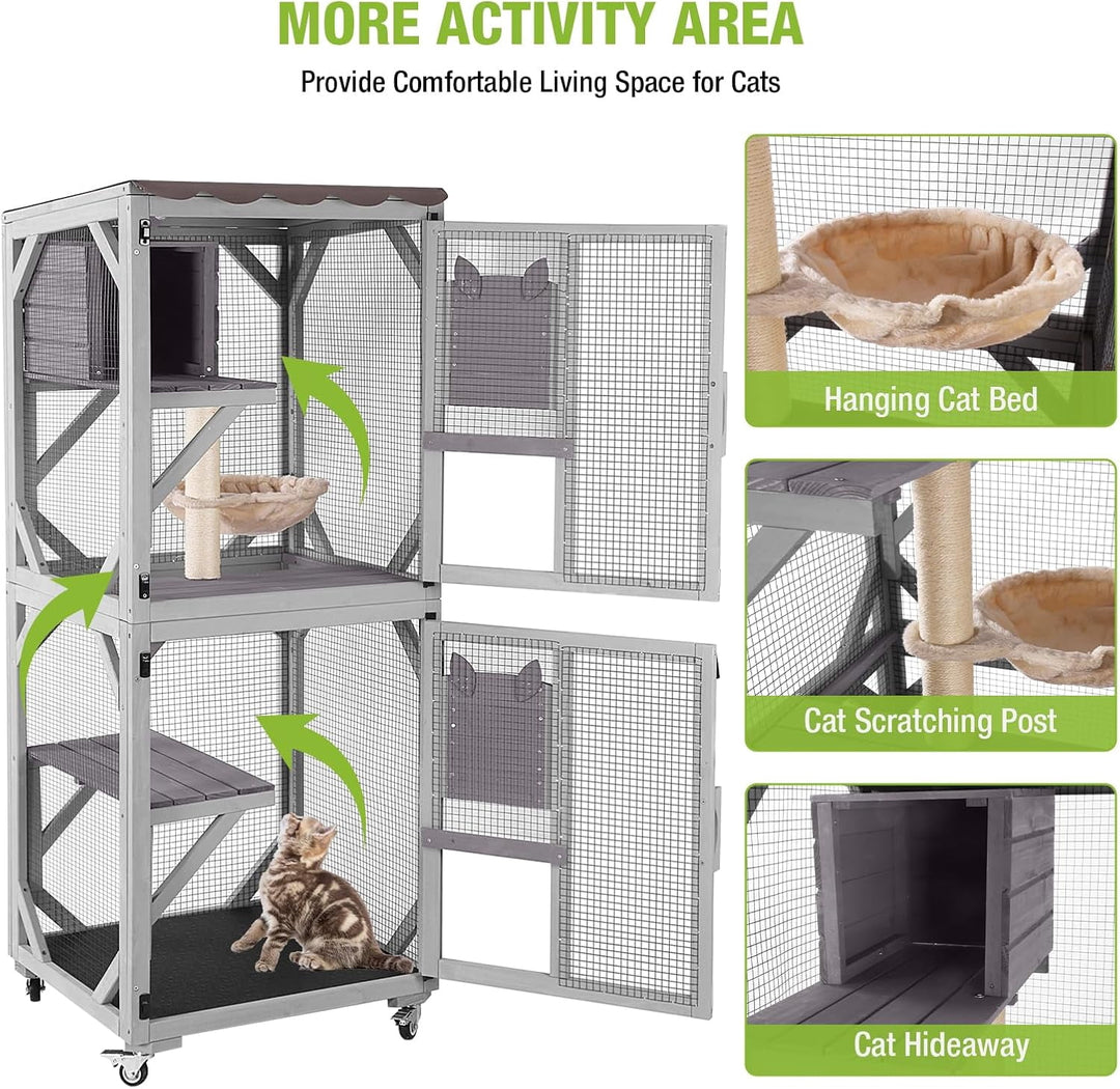 MEDEHOO 3-Tier Outdoor Catio with Wheels, Wooden Cat Enclosure with 4 Lockable Wheels &amp; Removable Hammock, Window Cat House for Multiple Cats, 63" Gray