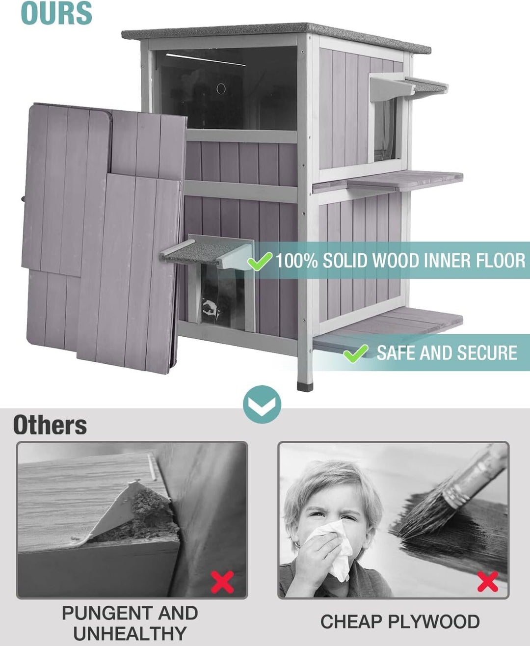 MEDEHOO Outdoor Cat House Weatherproof, Two-Story Wooden Cat Shelter with Escape Door, PVC Curtains, Removable Floor &amp; Waterproof Roof, Raised Outside Cat House for Feral Cats