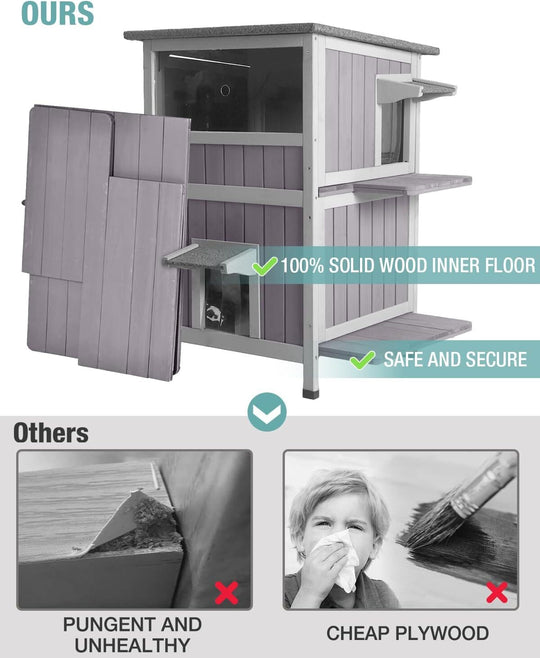 MEDEHOO Outdoor Cat House Weatherproof, Two-Story Wooden Cat Shelter with Escape Door, PVC Curtains, Removable Floor &amp; Waterproof Roof, Raised Outside Cat House for Feral Cats