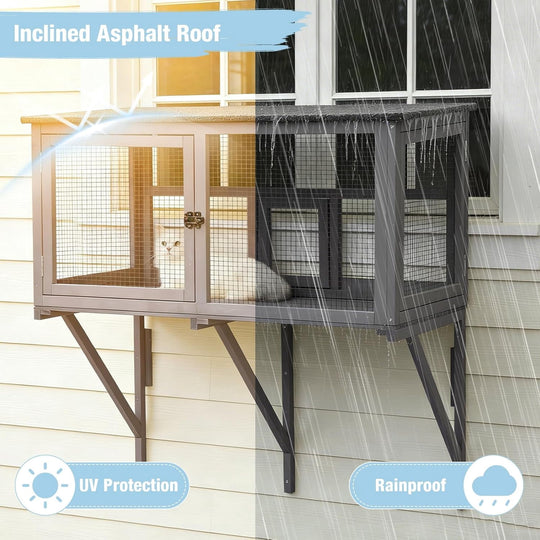 MEDEHOO Cat Window Box Attach to Window Catio Outdoor Cat Enclosure with Weatherproof Roof PVC Door Outside Wooden Cat Window Perch for Indoor Cats CO7016-9DML-WM