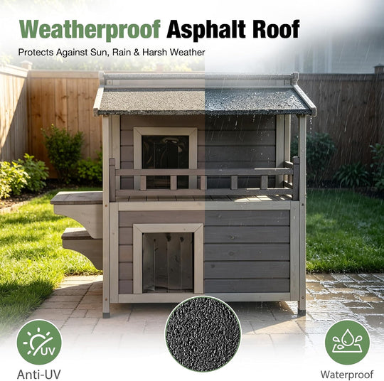 MEDEHOO Heated Outdoor Cat House with Insulated Liner 2-Story Extra Large Weatherproof Feral Cat Shelter with Heating Pad Elevated Base for Outdoor Cats Winter