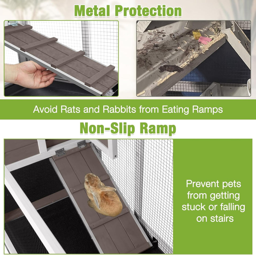 MEDEHOO Rabbit Hutch with Chew-Proof Ramp - 62" Large Bunny Cage for Indoor/Outdoor, 2-Story Design Guinea Pig Cages with 6 Lockable Wheels &amp; 3 Leak-Proof Trays (Brown) MEDE-AIR19-B-MA-WM