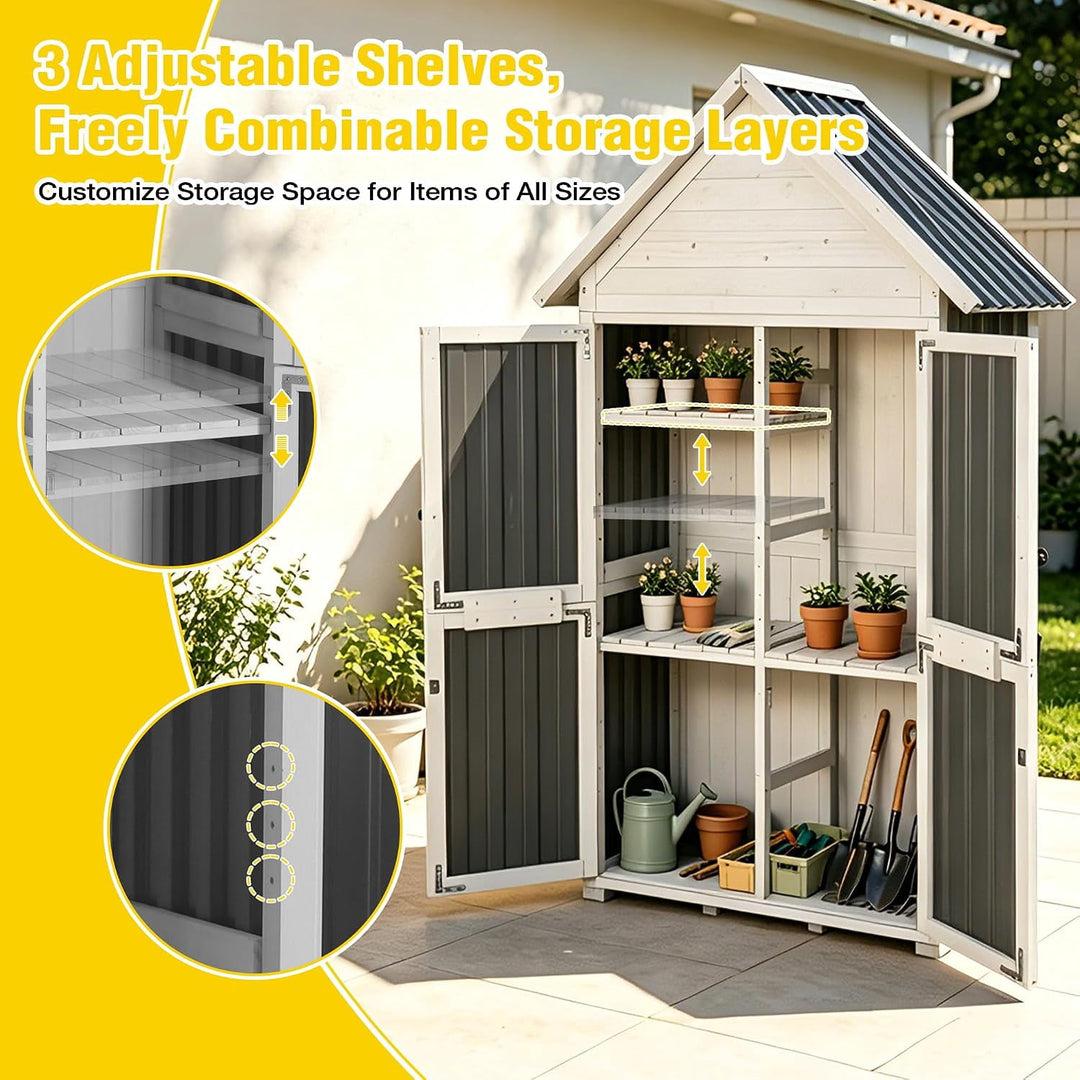 67.1" Outdoor Storage Cabinet Waterproof with Lockable Double Doors, Garden Storage Cabinet with Adjustable Shelves, Tool Organizer for Outside, White