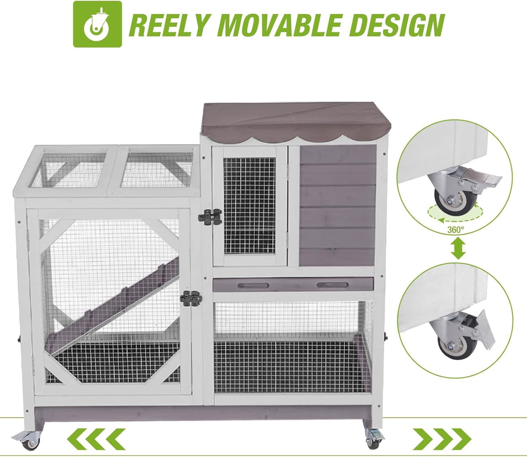 MEDEHOO 2-Story Rabbit Hutch Indoor Bunny Cage Outdoor Guinea Pig House Wooden Small Animal Cage with Chew-Proof Ramp, Leak-Proof Tray, Lockable Wheels for 2-4 Rabbits, Guinea Pigs (Grey) AIR7013-G-MA-WM
