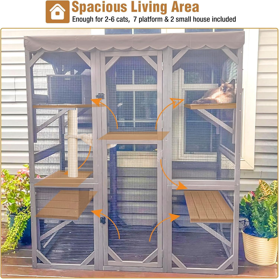 MEDEHOO Large Catio Outdoor Cat Enclosure with Condos, Wood Window Catio Walk in Cat House, Kitty Shelter Indoor with with Door, Platform 70" Gray SKY37-M-WM