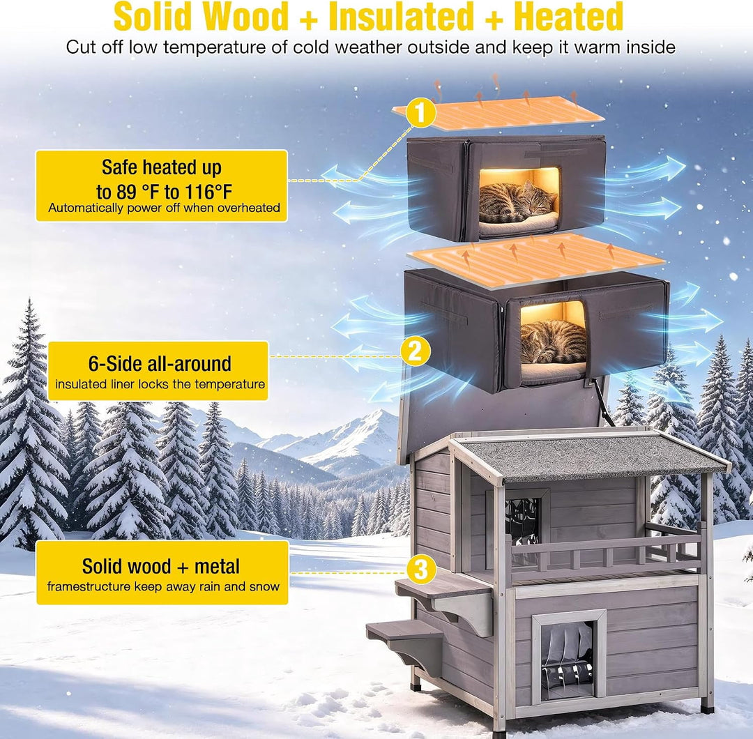 MEDEHOO 2 Story Heated Cat House for Outside Outdoor Cat House Insulated Weatherproof Feral Cat Shelter with Heated Pad, Insulated All-Round Thermal Liner, Chewproof Cable for 1-4 Cats in Winter AIR33-IN-HP-MC-WM