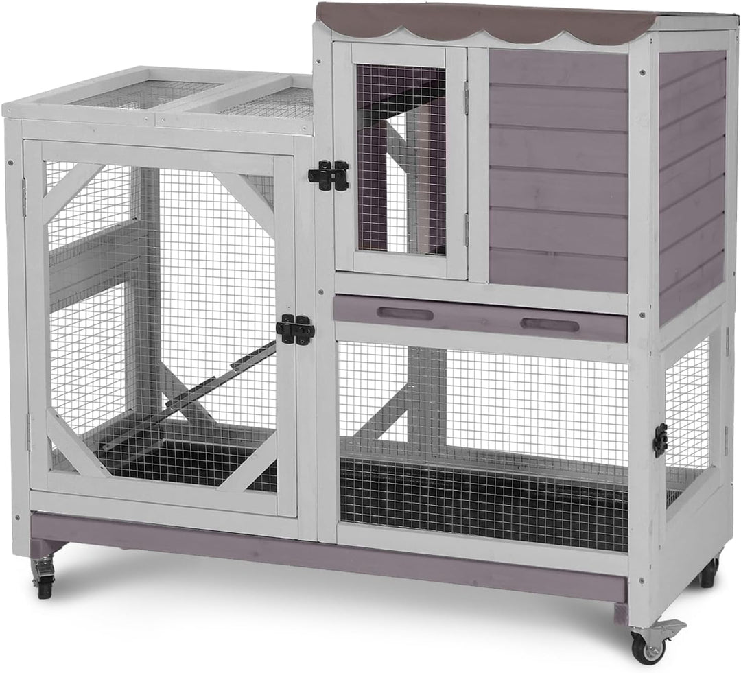2-Story Rabbit Hutch Bunny Cage with Leak-Proof Trays &amp; Chew-Proof Ramp - Indoor/Outdoor 39.3" Wooden Rabbit Cage with Wheels for Rabbits, Guinea Pigs, Small Animal (Grey)