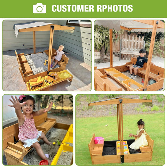 MEDEHOO Kids Sand Boxes with Lid and Canopy, Outdoor Sandboxes with Cover, Foldable Bench Seats, Retractable Roof, Sand Table for Kids Ages 4-8 (Brown with Toy Bins)
