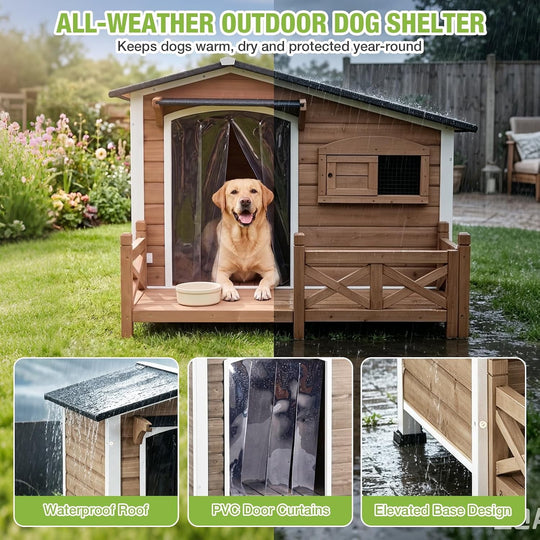 MEDEHOO 44.6" Large Dog House Outdoor Weatherproof Dog Kennel Shelter, Chew-Proof Full Metal Frame, Waterproof Openable Roof, Spacious Porch for Medium to Large Breeds, Light Brown
