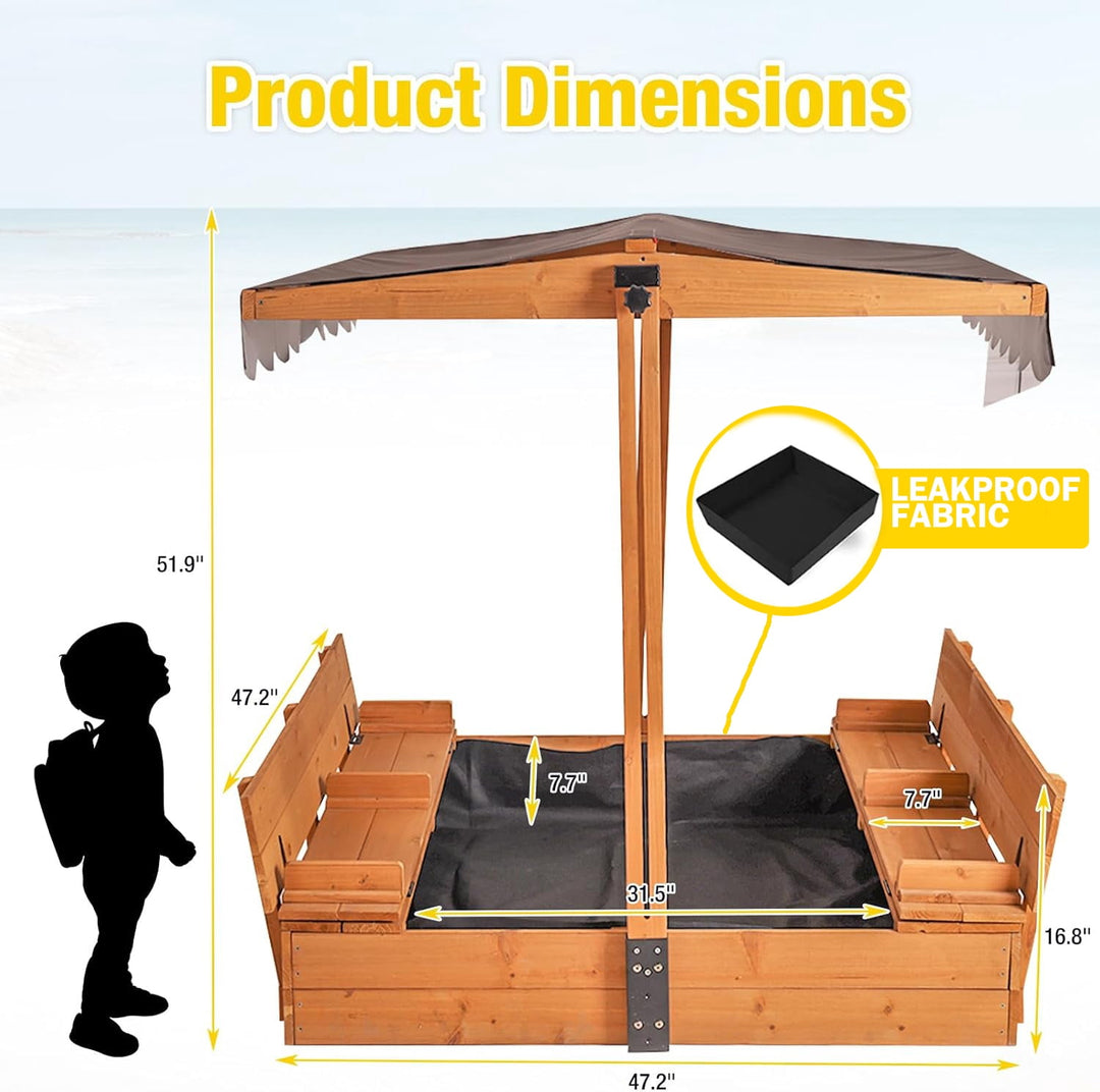MEDEHOO Sandbox with Cover Wooden Sand Box with Lid Foldable Beench Seats and Retractable Roof Large Sand Boxes for Backyard Garden Beach Patio 47"